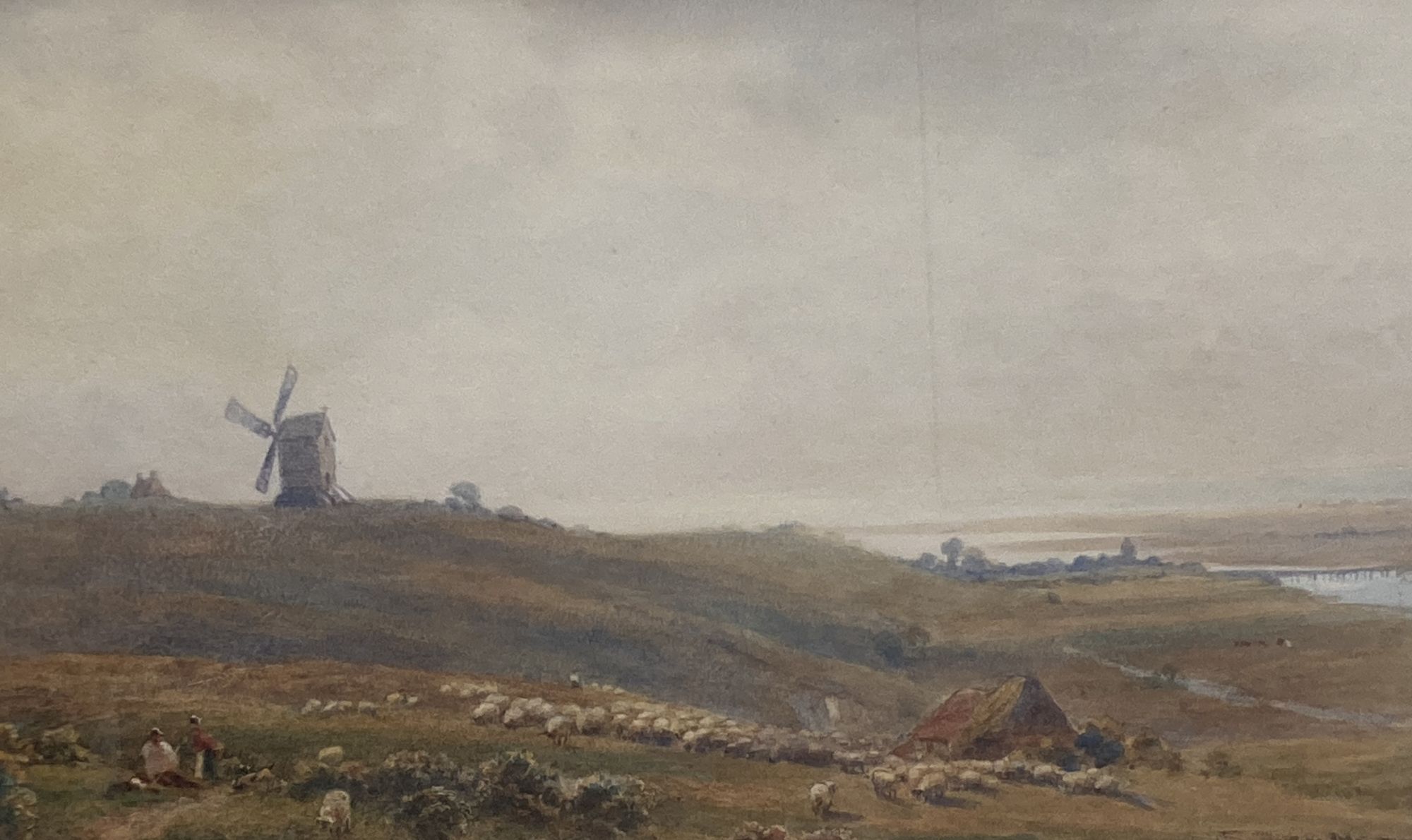 Vivian Rolt (1874-1933), watercolour, Sheep and windmill on the South Downs overlooking Shoreham, signed, 25 x 40cm